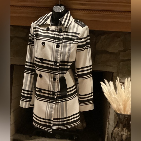 BCX BLACK & WHITE PLAID DOUBLE BREASTED PEACOAT SZ.L - Picture 4 of 16